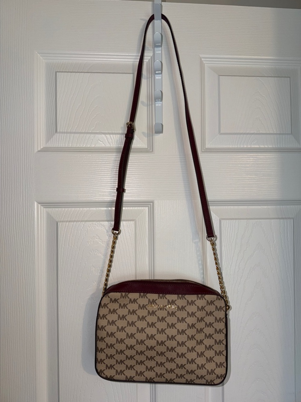 Michael Kors Brown MK Logo Crossbody with Burgundy Trim new without tag